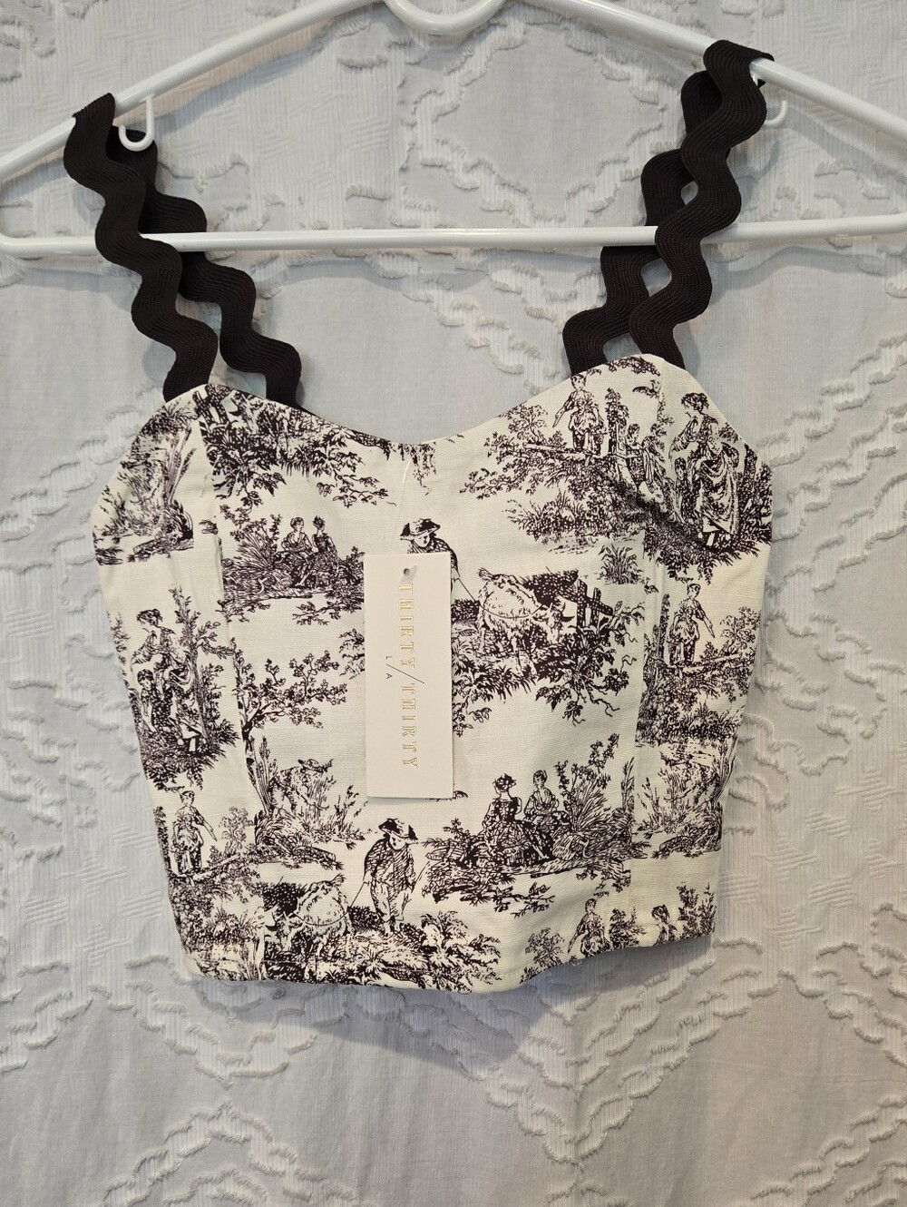 Toile Print Cream Crop Camisole with Brown Ric Rac Straps
